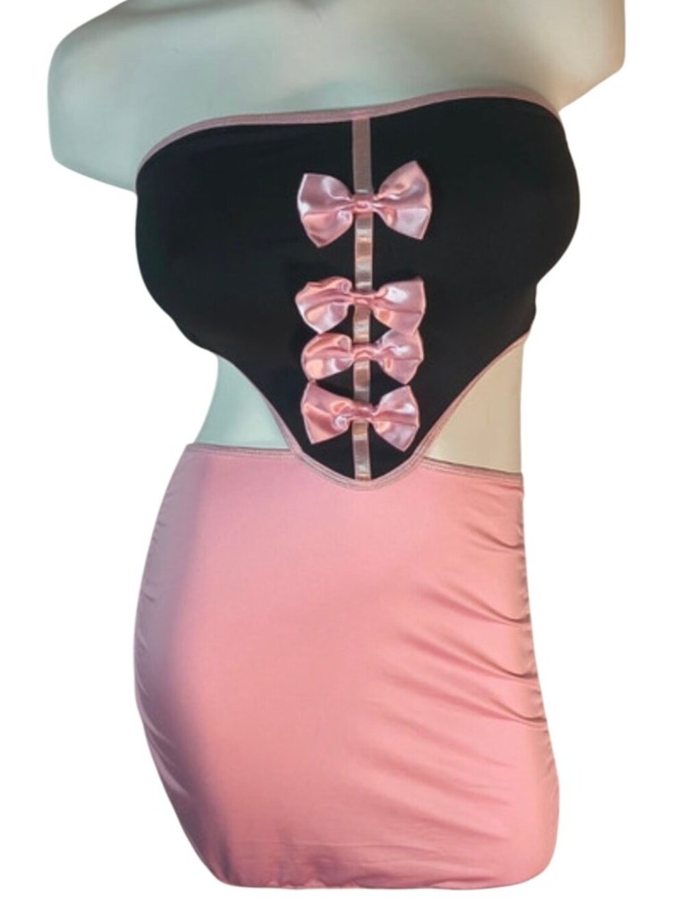 Black*Pink Ruched Mini Dress*Bow*M*Stretchy*Cosplay*Femboy*Sissy*Halloween*NWOT